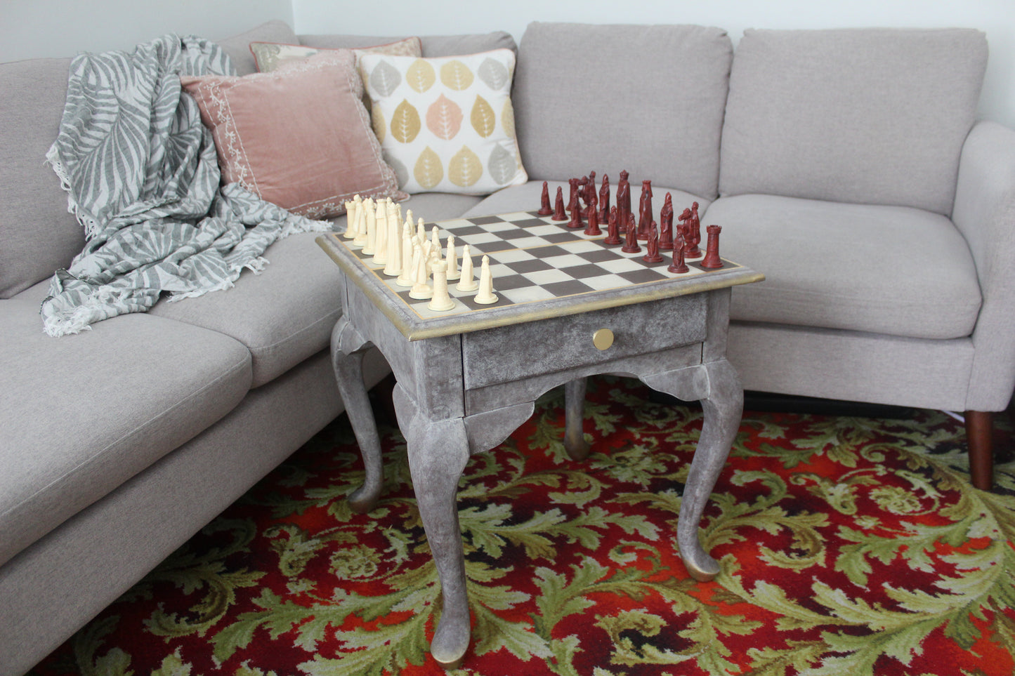 Vintage Hand-Painted Chess Table with Gold Leaf Detailing