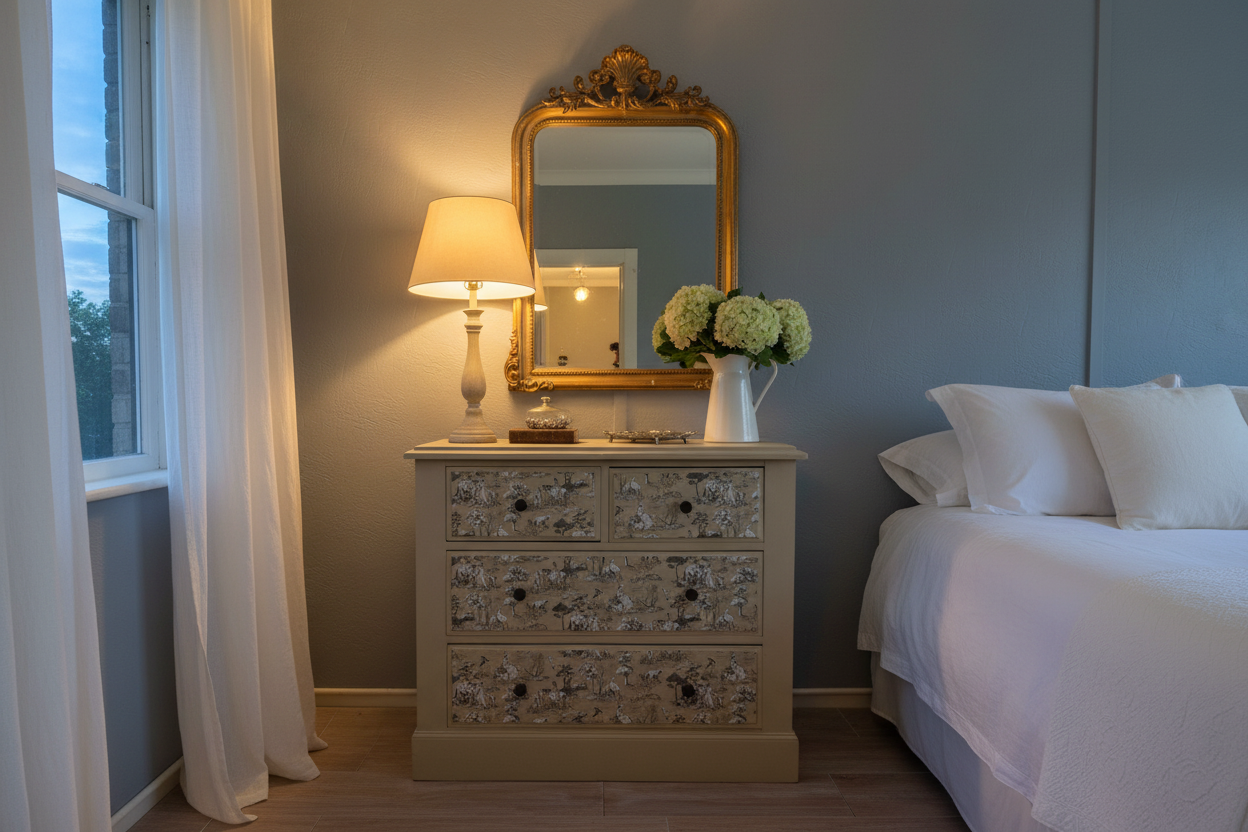 French country bedroom evening scene with lamp