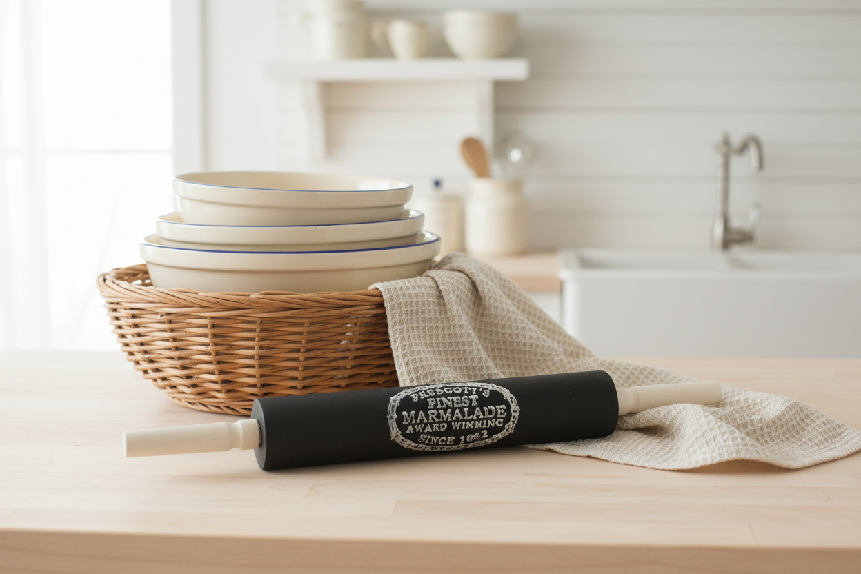 Marmalade Rolling Pin on Bench with Basket