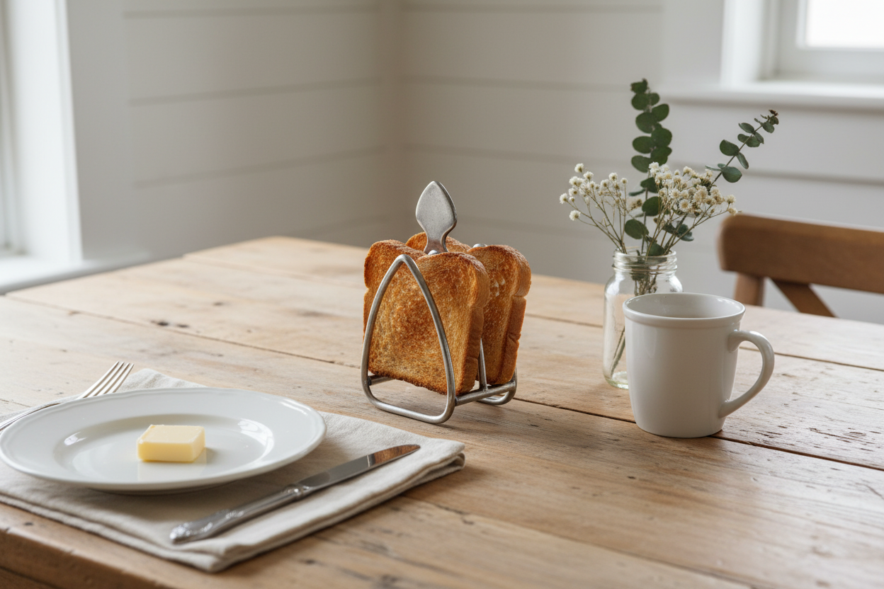 Vintage toast holder with toast standing in slots