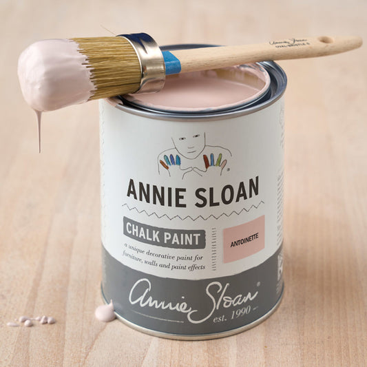 Annie Sloan pure bristle brush loaded with Antoinette Chalk Paint resting on a paint tin