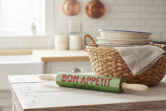 Painted rolling pin with Bon Appétit decal in a French-style kitchen setting