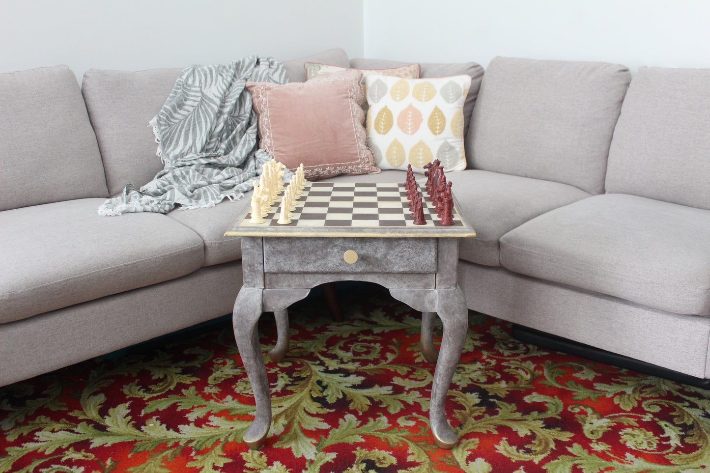 Vintage Hand-Painted Chess Table with Gold Leaf Detailing