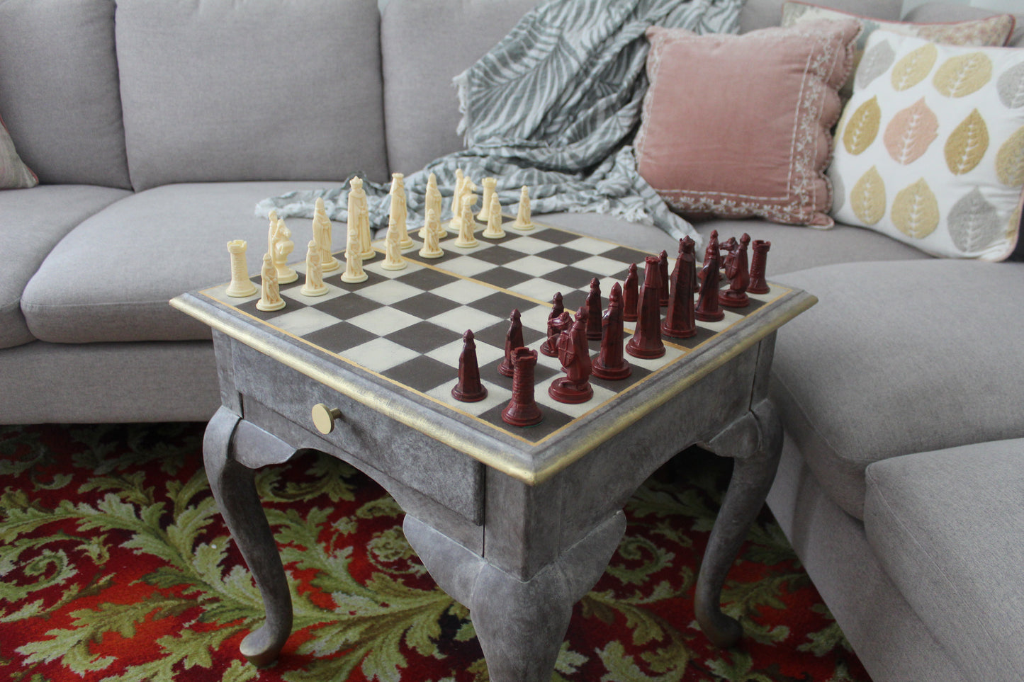 Vintage Hand-Painted Chess Table with Gold Leaf Detailing