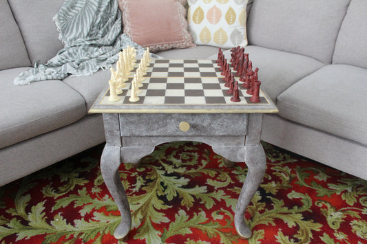 Vintage Hand-Painted Chess Table with Gold Leaf Detailing