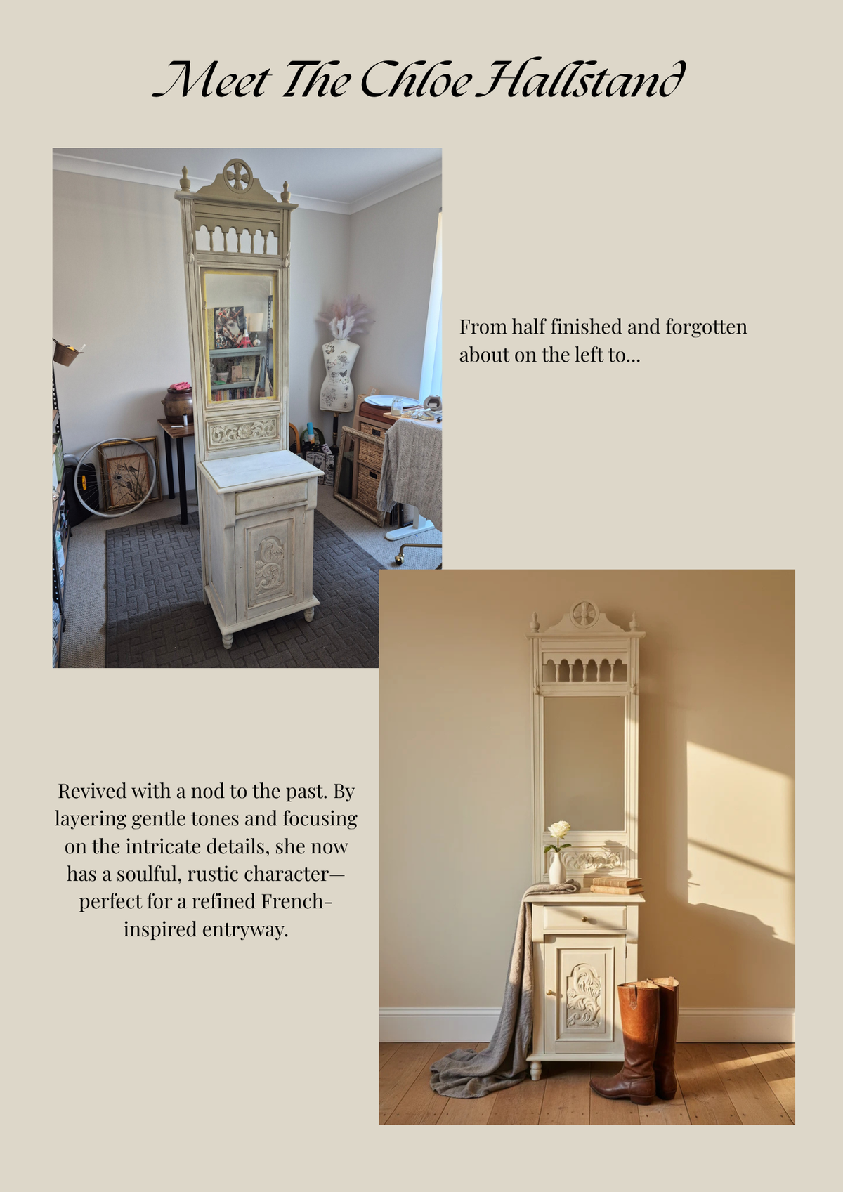 Inside The Curated Life Journal Issue 2 — before and after restoration of the Chloe Hallstand, transformed into a refined French-inspired entryway piece