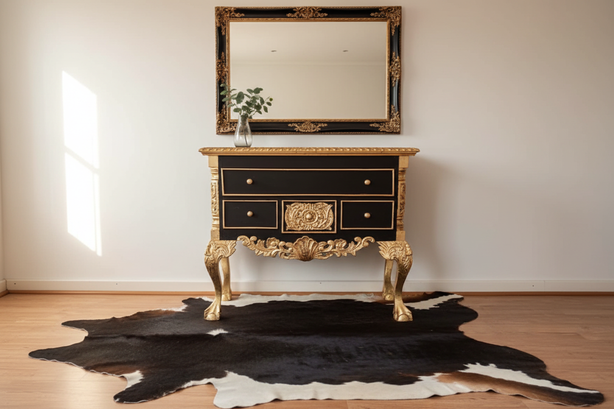 Black and Gold Dresser on Hide Rug with Mirror