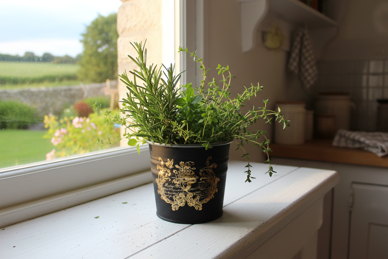 Black & Gold Tin with Herbs on Windowsill