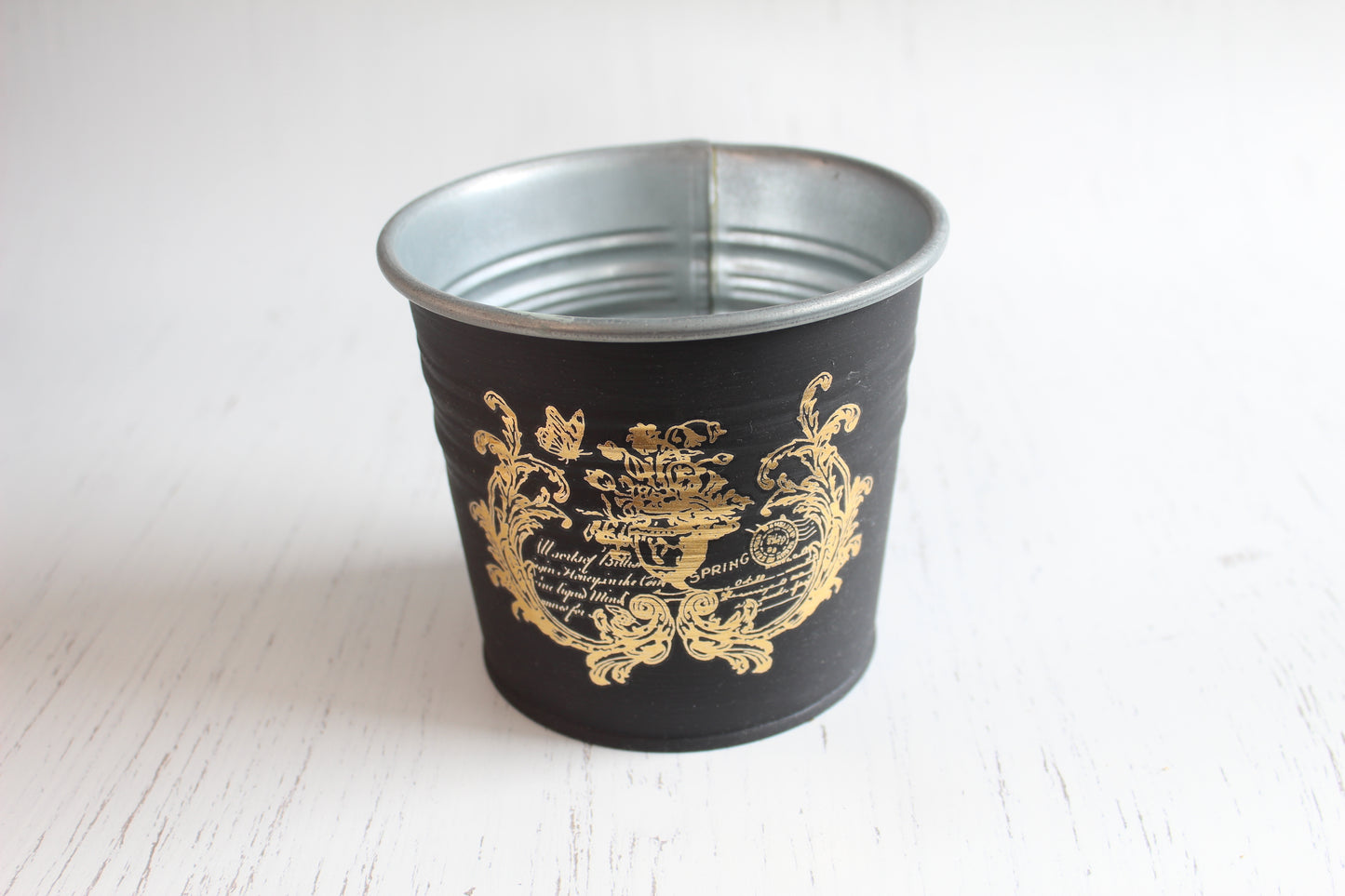 Vintage Black & Gold Tin - Hand-Painted Planter with IOD Transfer