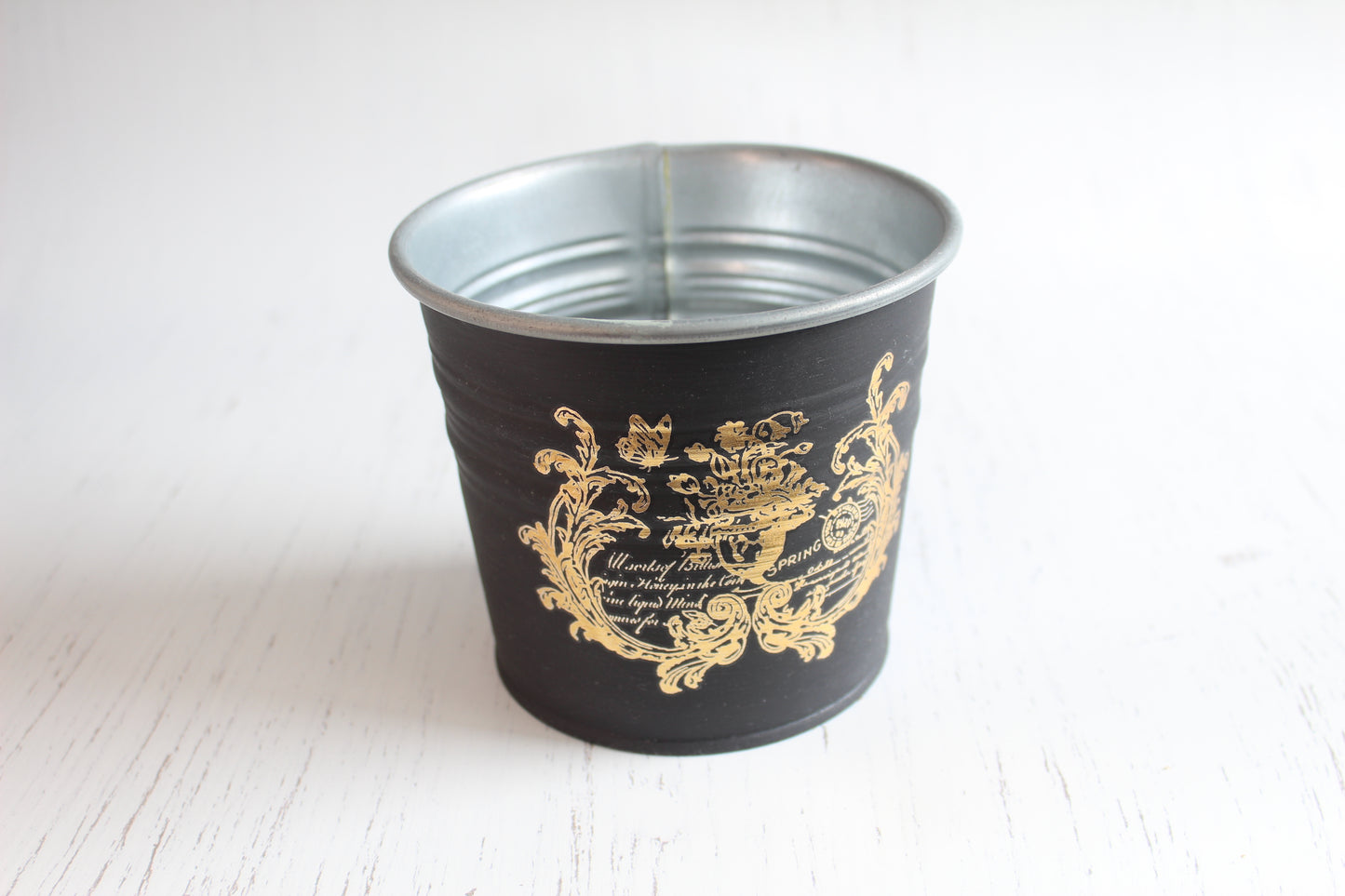 Vintage Black & Gold Tin - Hand-Painted Planter with IOD Transfer