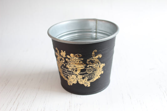 Vintage Black & Gold Tin - Hand-Painted Planter with IOD Transfer