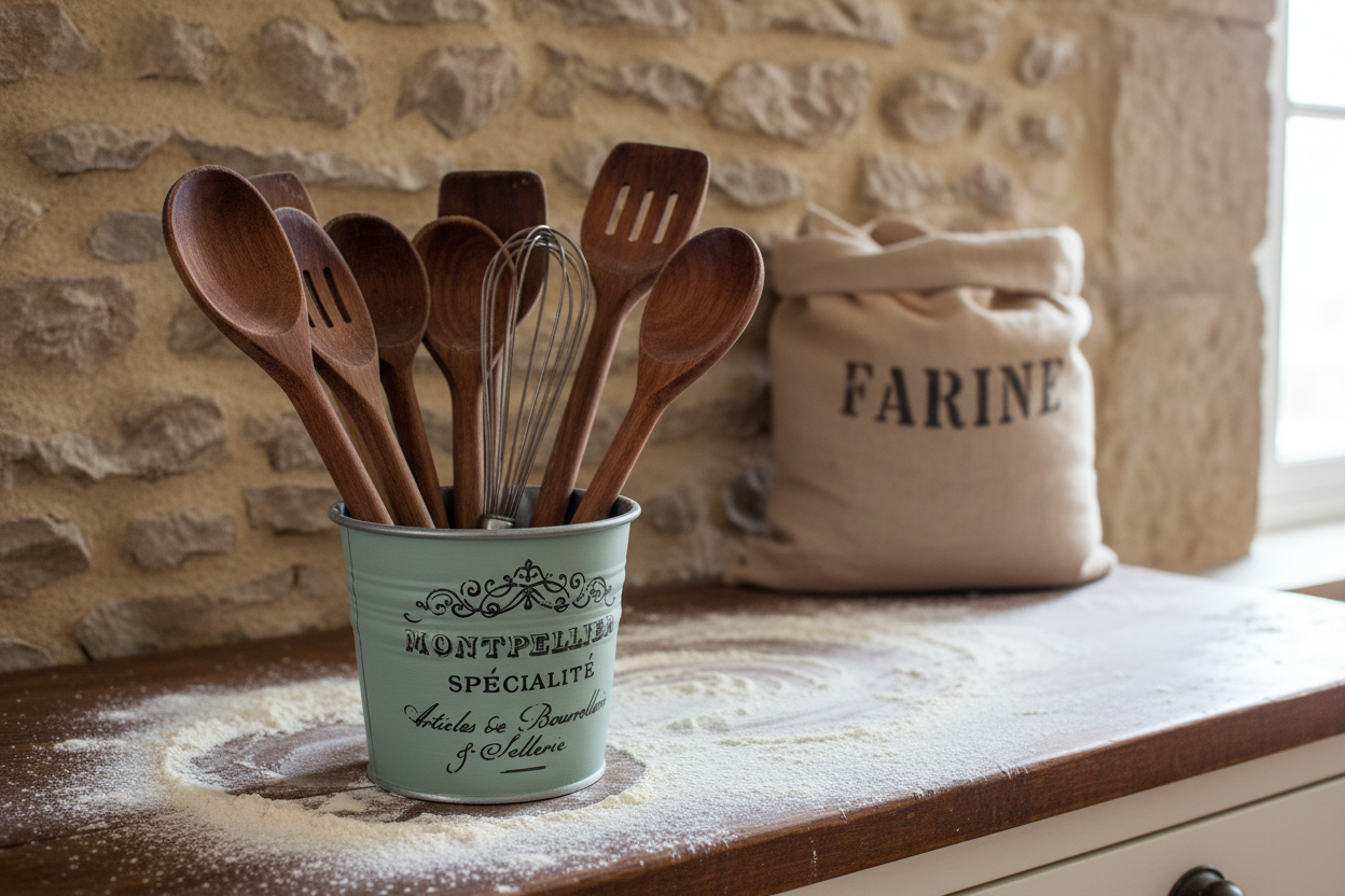 Duck Egg Blue Tin with Wooden Spoons in Rustic Baking Scene