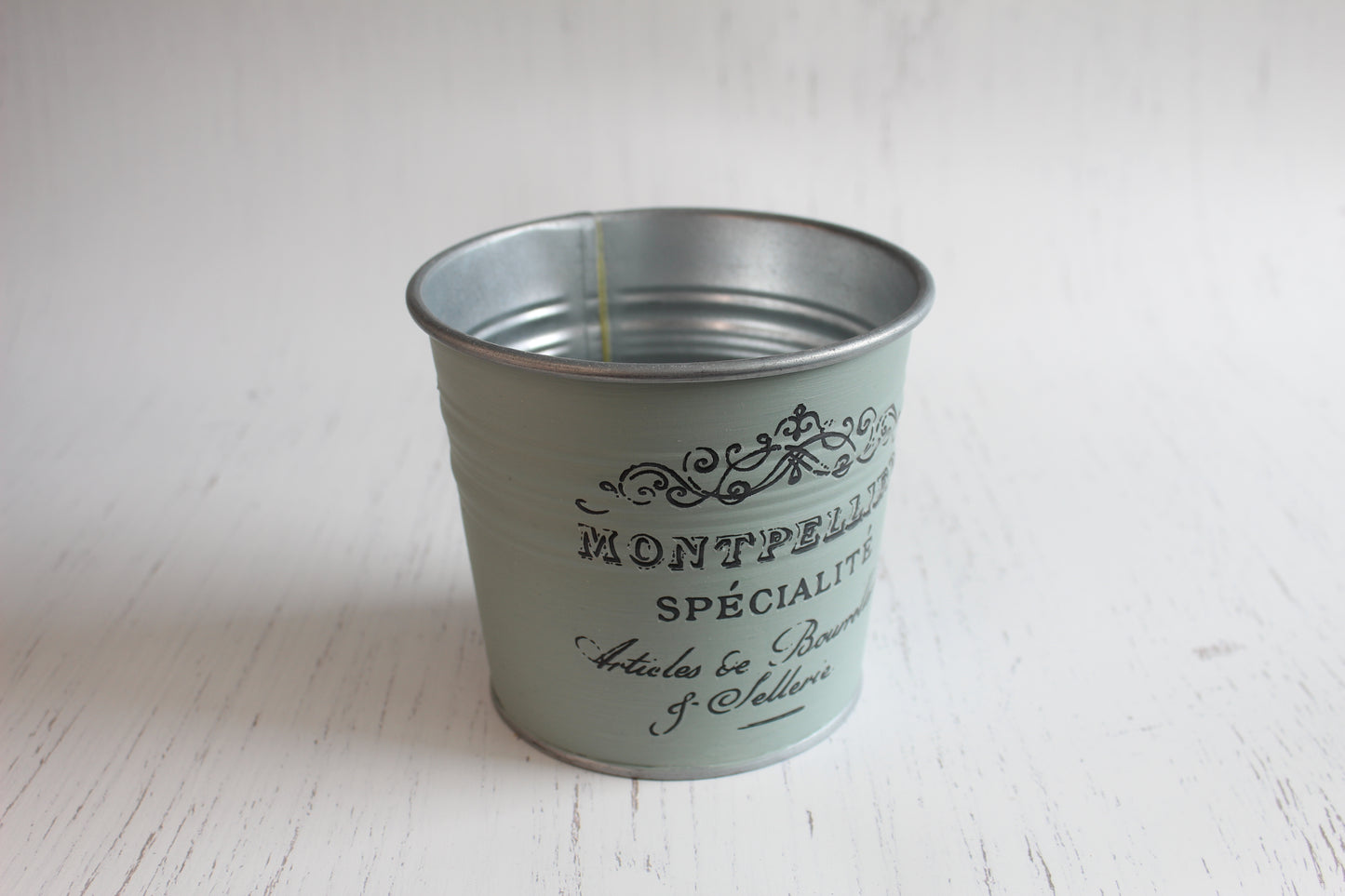 Vintage Duck Egg Blue Tin - Hand-Painted Planter with French Label Transfer