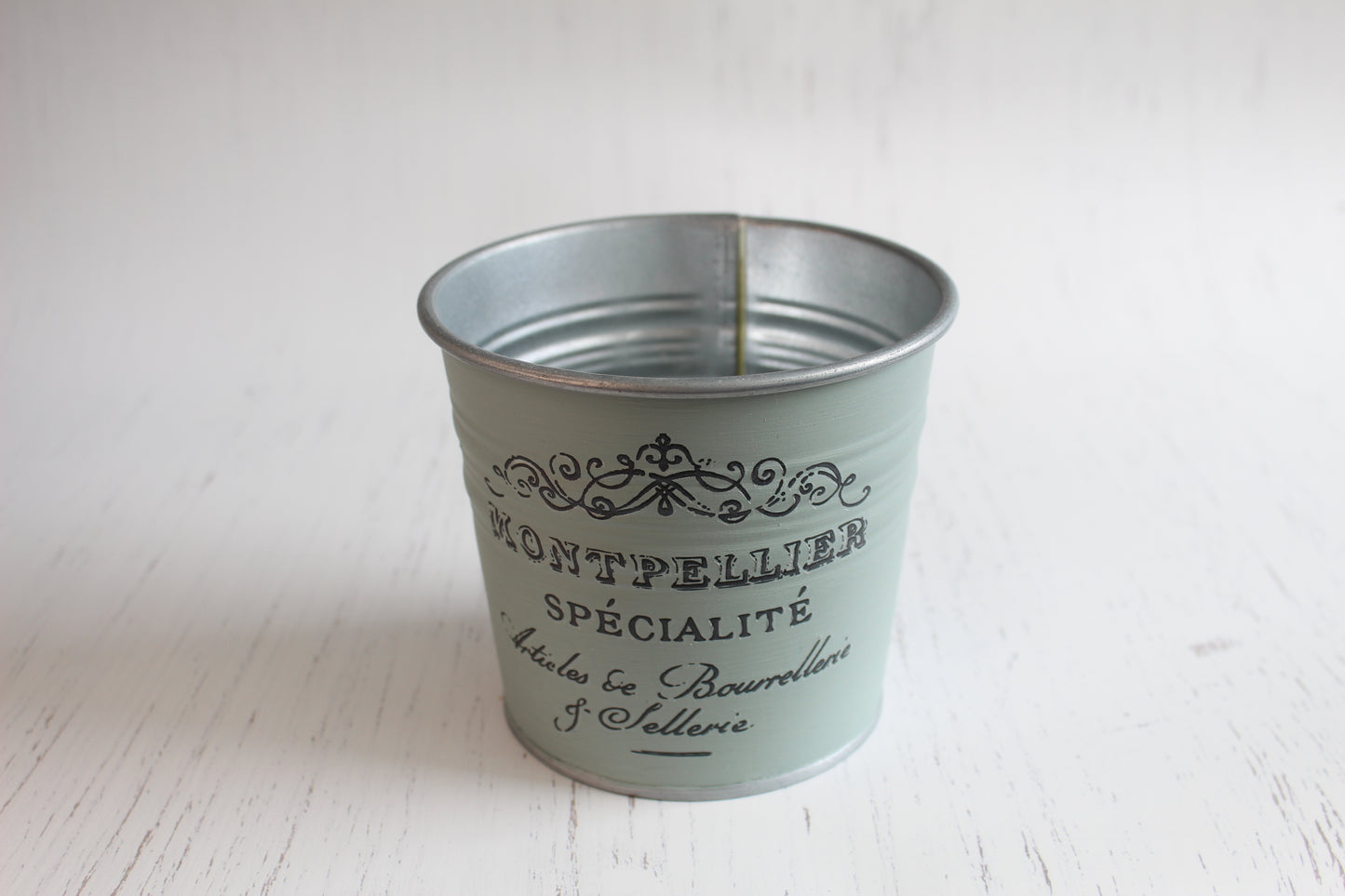 Vintage Duck Egg Blue Tin - Hand-Painted Planter with French Label Transfer