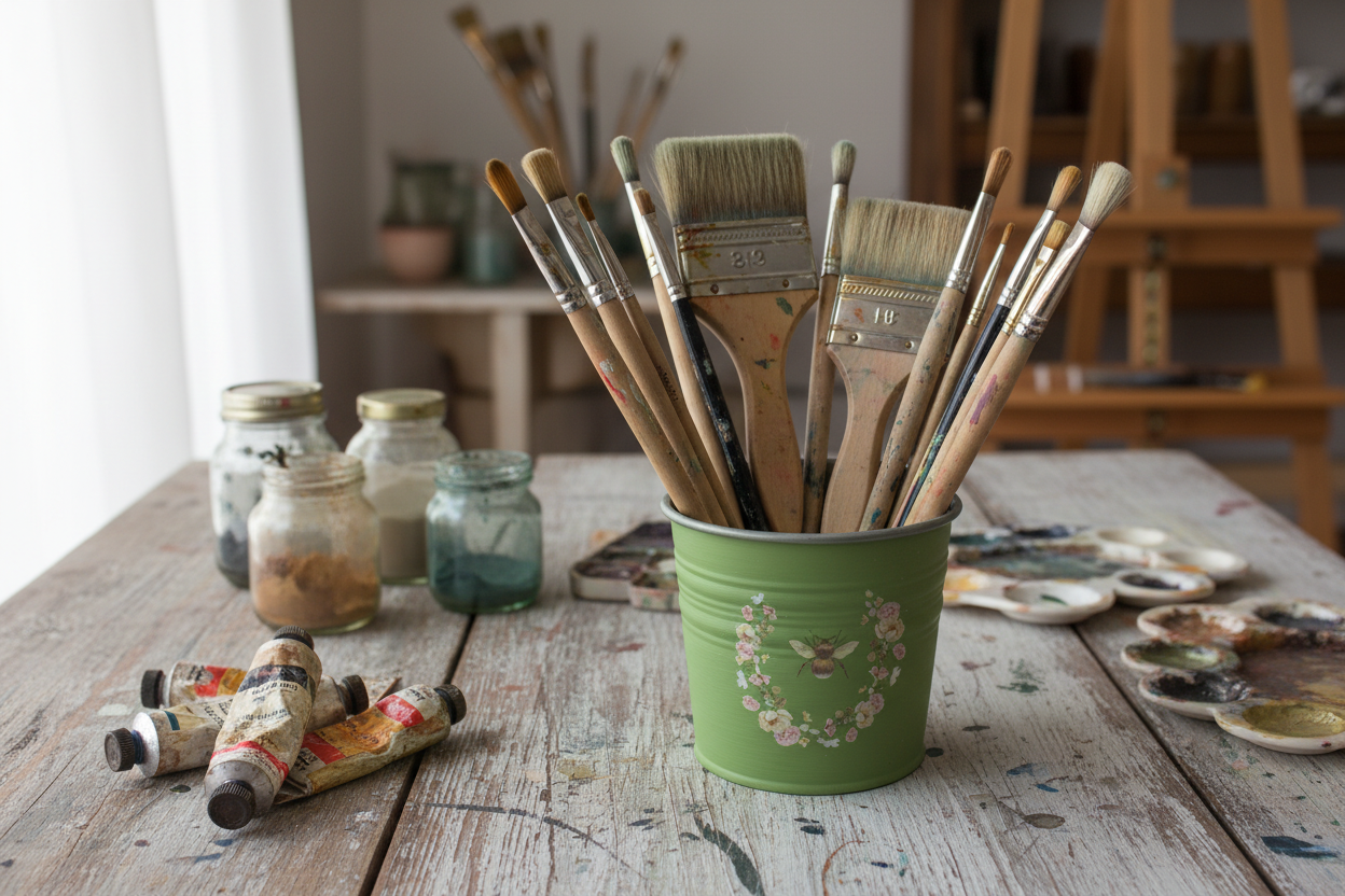 Green Bee Tin with Paint Brushes in Art Studio