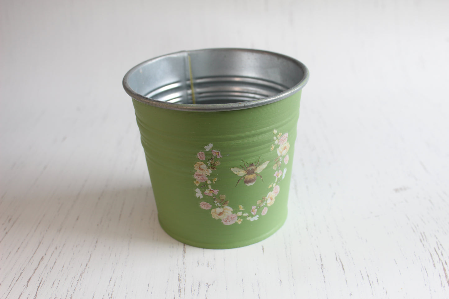 Vintage Green Bee Tin - Hand-Painted Planter with Prima Transfer