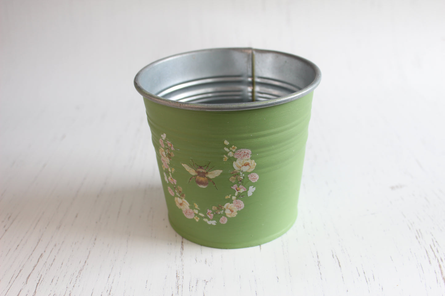 Vintage Green Bee Tin - Hand-Painted Planter with Prima Transfer
