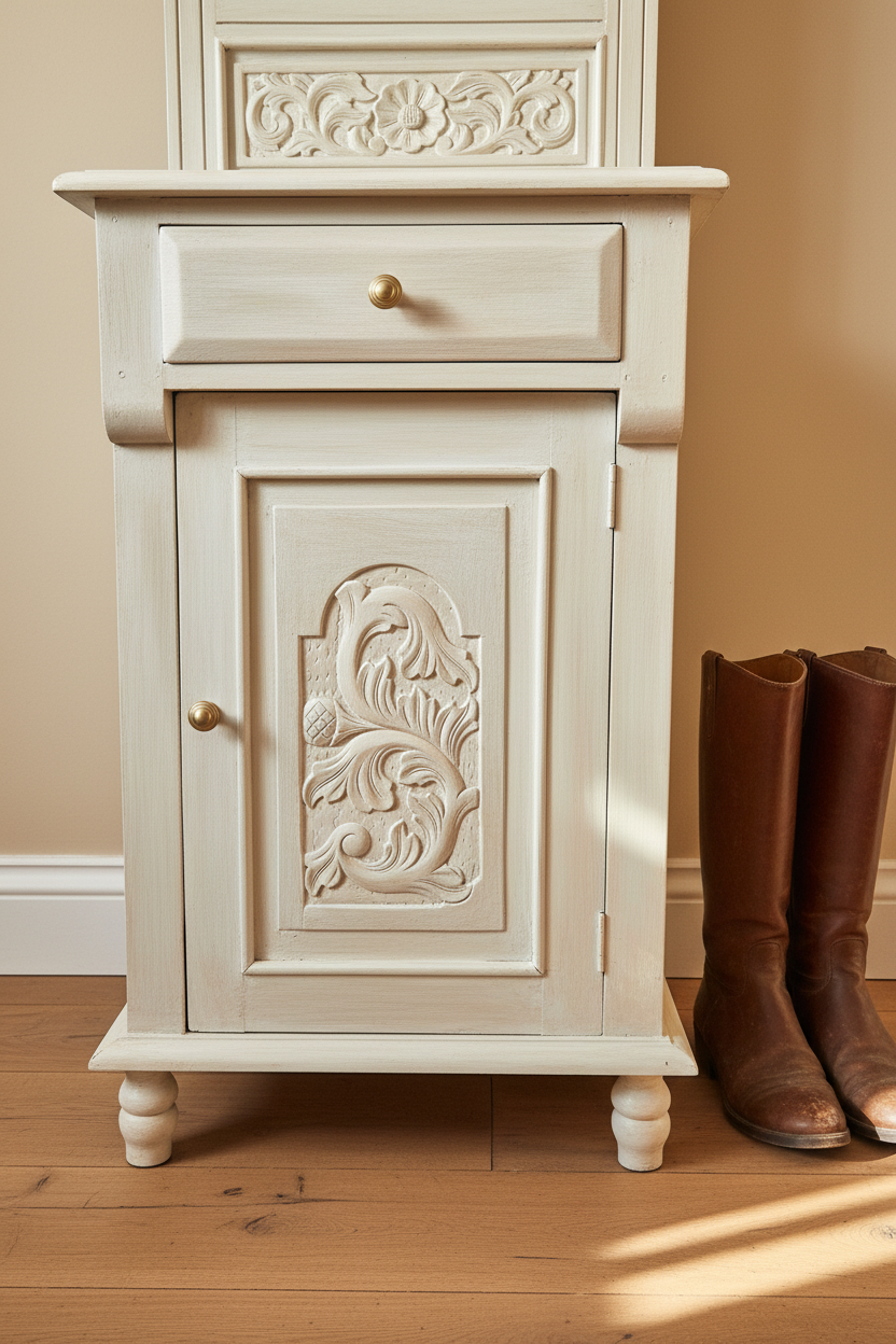 The Chloe Hall Stand - cabinet and drawer carving detail
