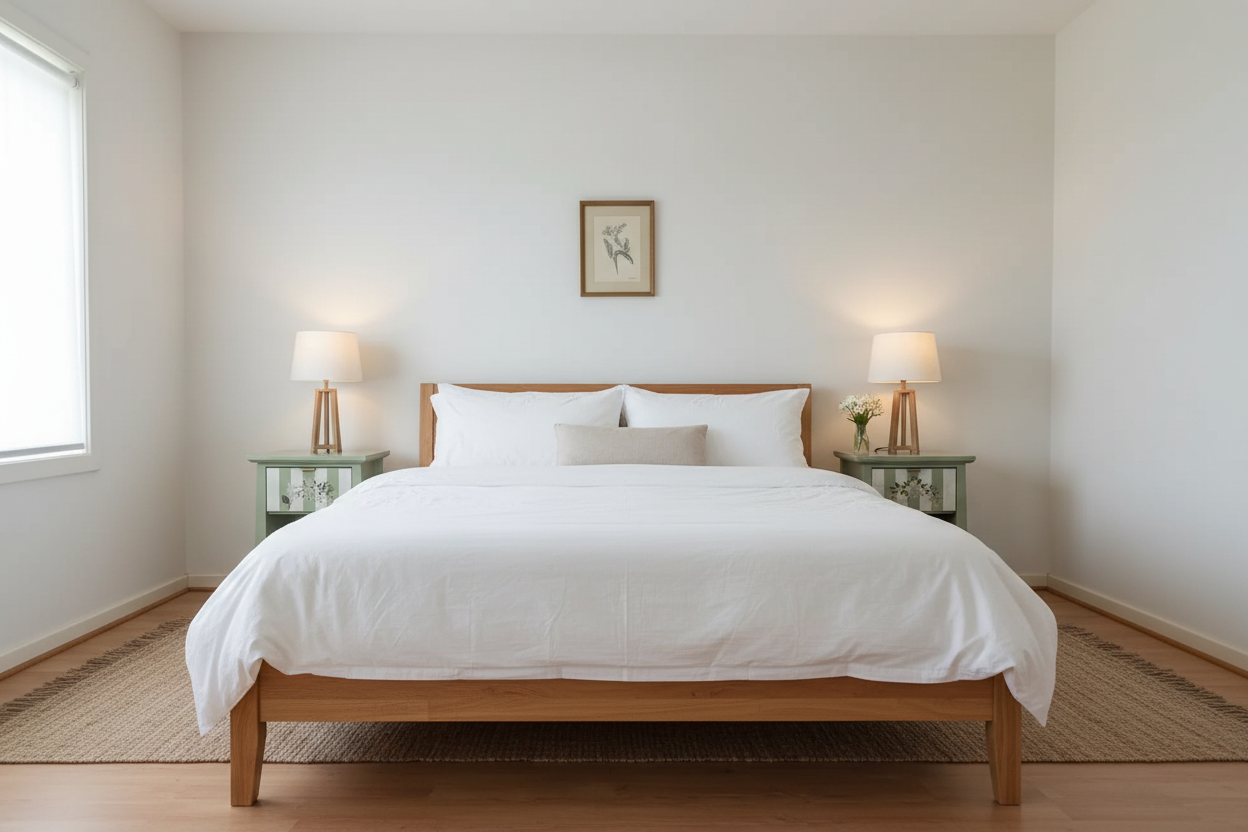 Matching sage green bedside tables set in farmhouse bedroom