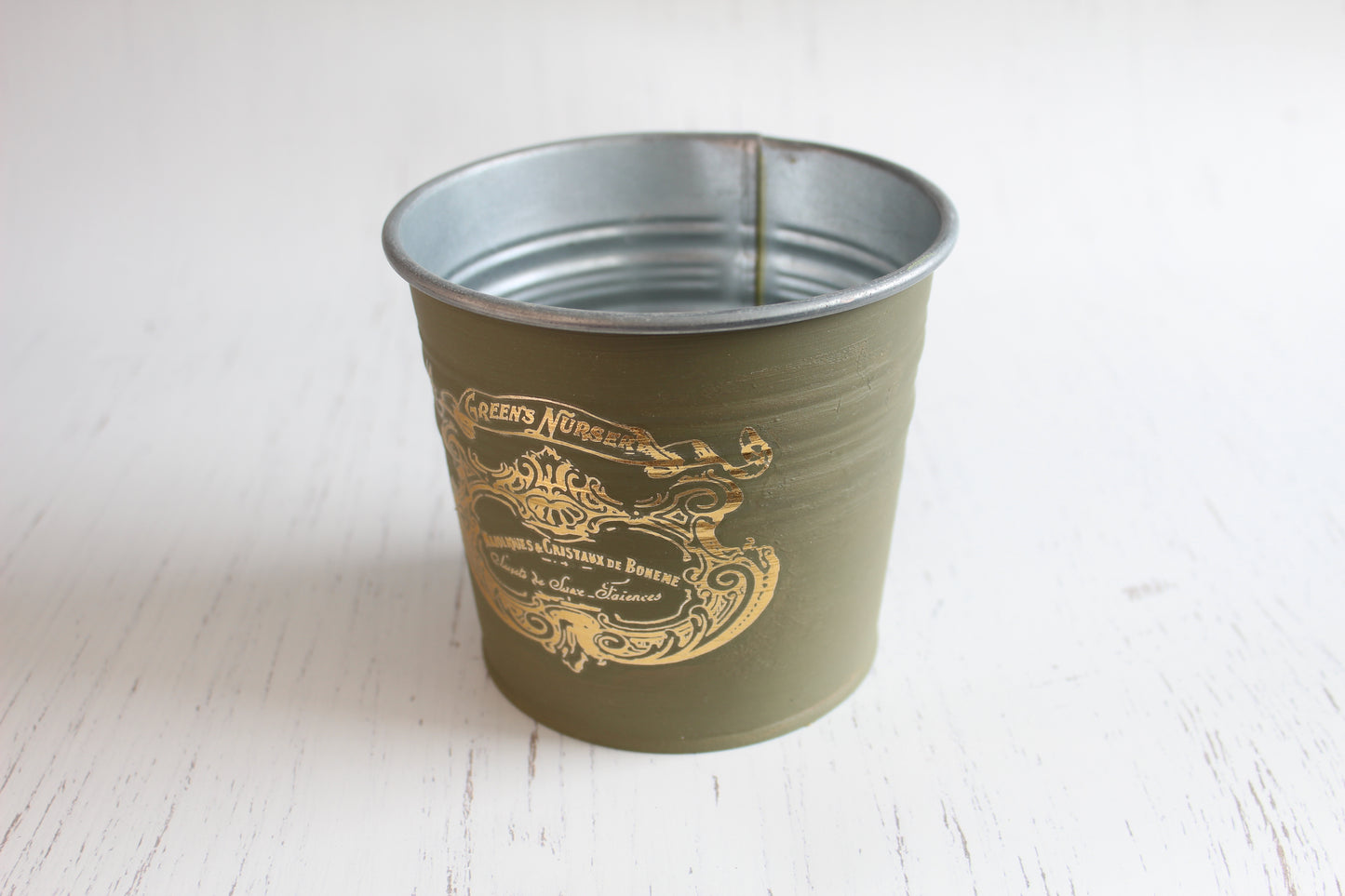 Vintage Olive & Gold Tin - Hand-Painted Planter with Gilded Memories Transfer