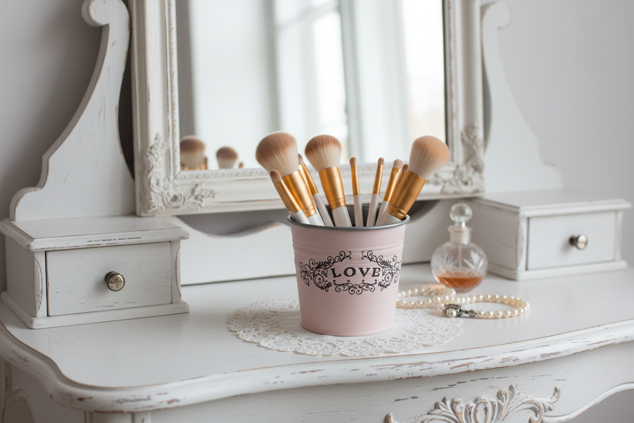 Pink Love Tin with Makeup Brushes on Vintage Vanity