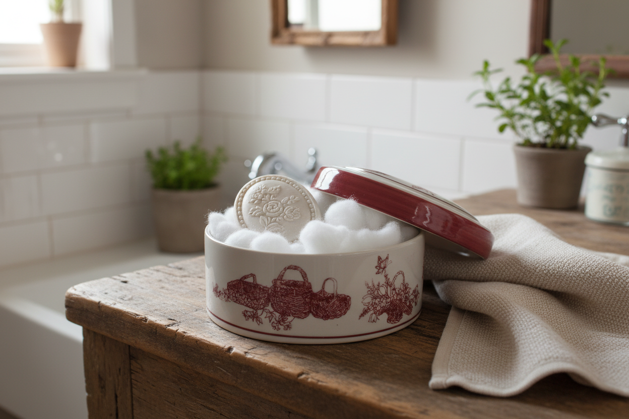 Red & White Garden Dish with Cotton Balls in Rustic Bathroom