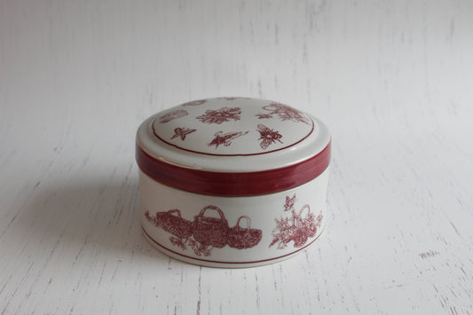 Vintage Red & White Garden Motif Ceramic Dish with Lid