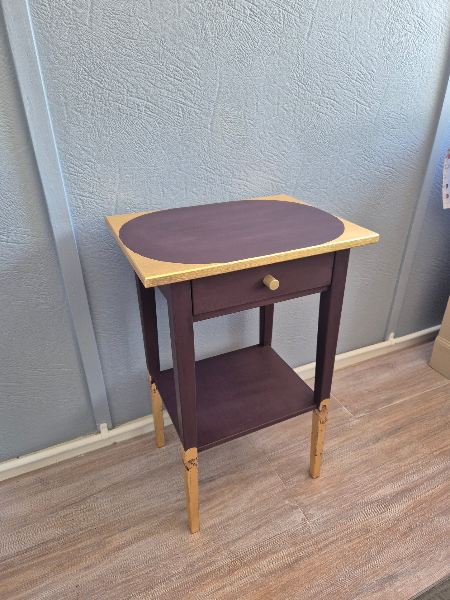 Hand-Painted Tyrian Plum Side Table with Gold Leaf Top & Accents