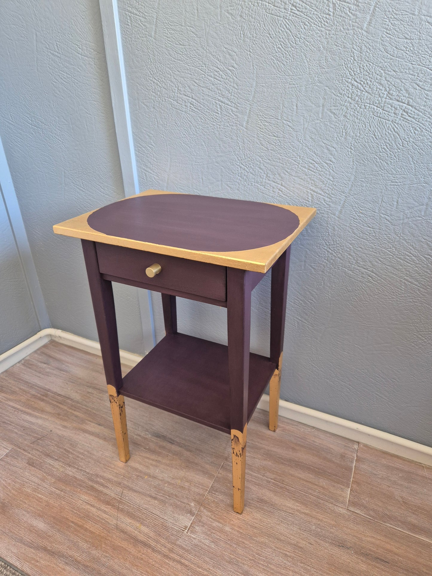 Hand-Painted Tyrian Plum Side Table with Gold Leaf Top & Accents